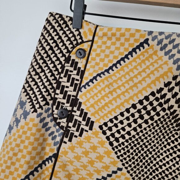 Anthropologie Maeve Velvet Houndstooth Patchwork Skirt Sz 8 Mustard‎ Brown Ivory - Picture 3 of 8